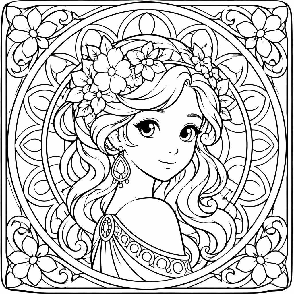 Black-and-white line art coloring page of an art nouveau woman portrait in a mandala geometric style.