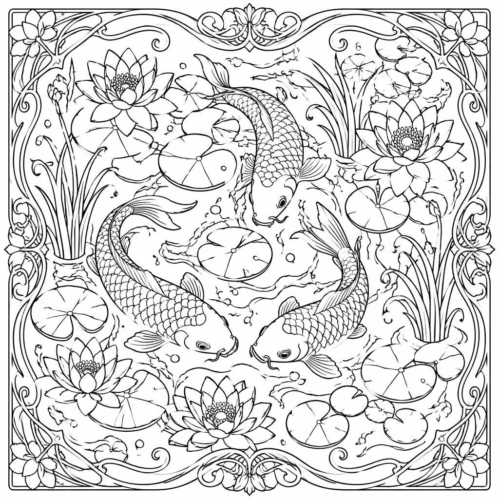Black-and-white line art coloring page of a detailed koi pond with fish, lilies, and art nouveau patterns.