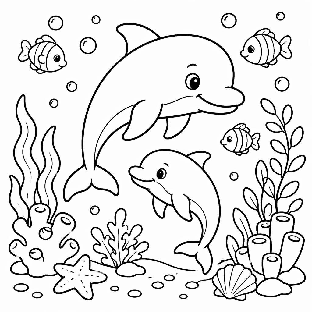 Schwarz-weiße Ausmalbild-Illustration mit Delfin, Fischen, Seegras und Blasen in kindlicher Unterwasserwelt.