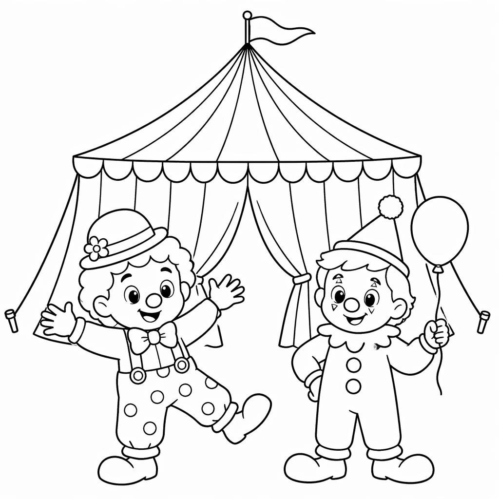 Illustration noir et blanc d’un chapiteau de cirque avec des clowns enfants, en contours simples à colorier.