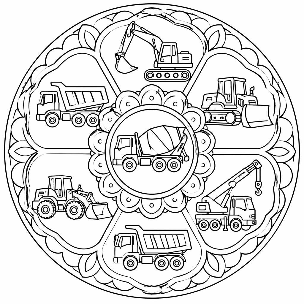 Schwarz-weiße Ausmalbild-Illustration mit Baustellenfahrzeugen für Kinder, klare Konturen, botanischer Zeichenstil