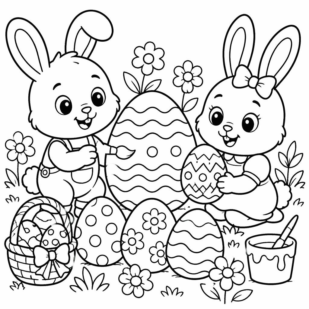 Black-and-white coloring page with bunny kids and decorated Easter eggs in chunky doodle line art.