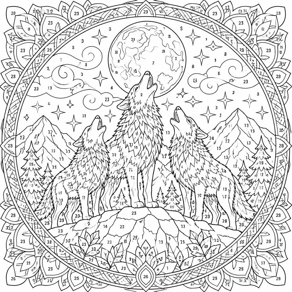 Illustration de coloriage en noir et blanc avec des loups hurlant à la lune, style manga détaillé pour adultes.