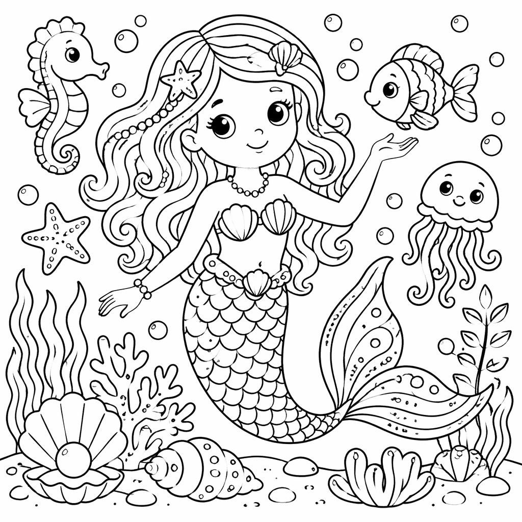 Black-and-white line art coloring page of a cute mermaid under the sea with simple doodle-style ocean details.