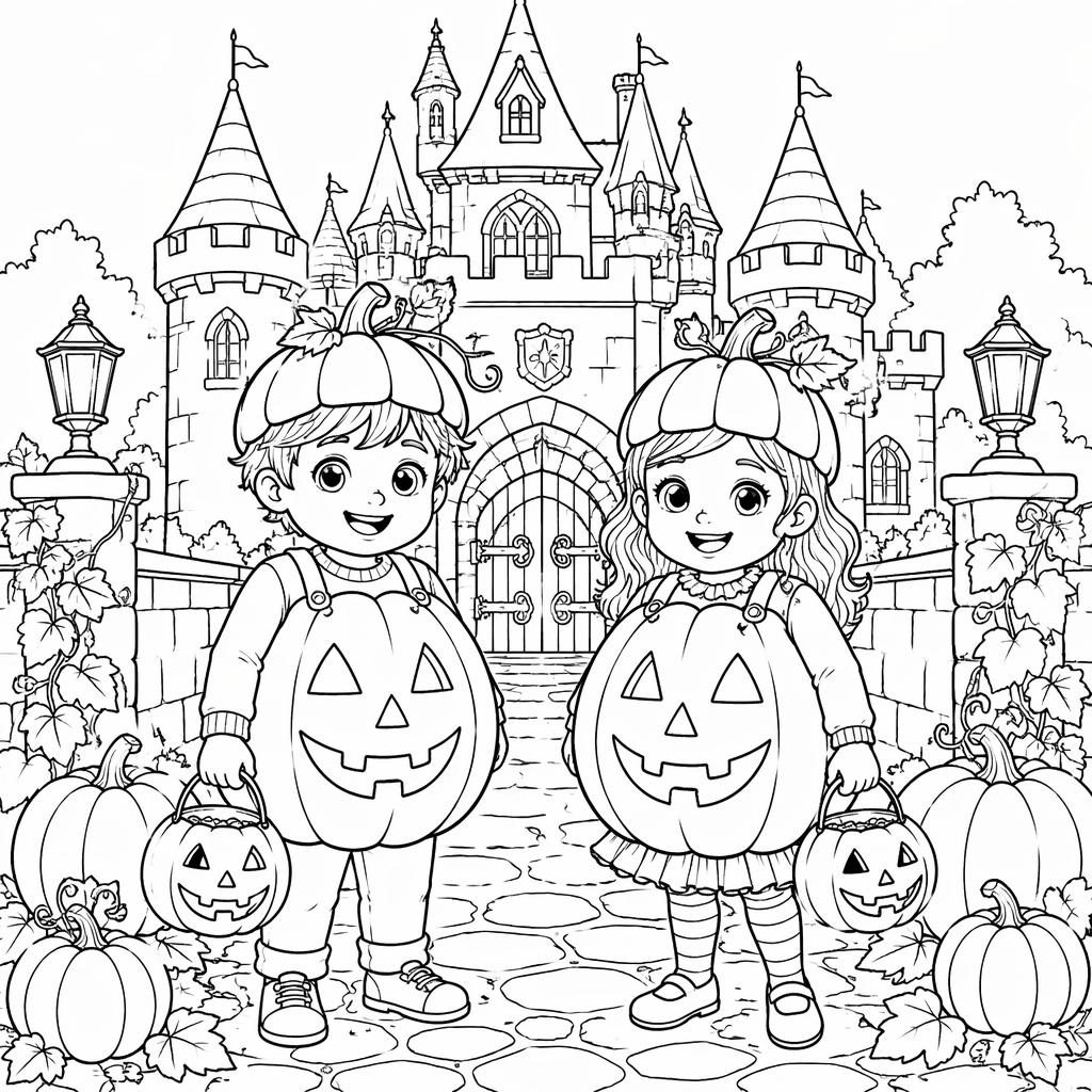 Schwarz-weiße Ausmalbild-Illustration mit Halloween-Kürbis und Kindern in klaren, druckbaren Linien.