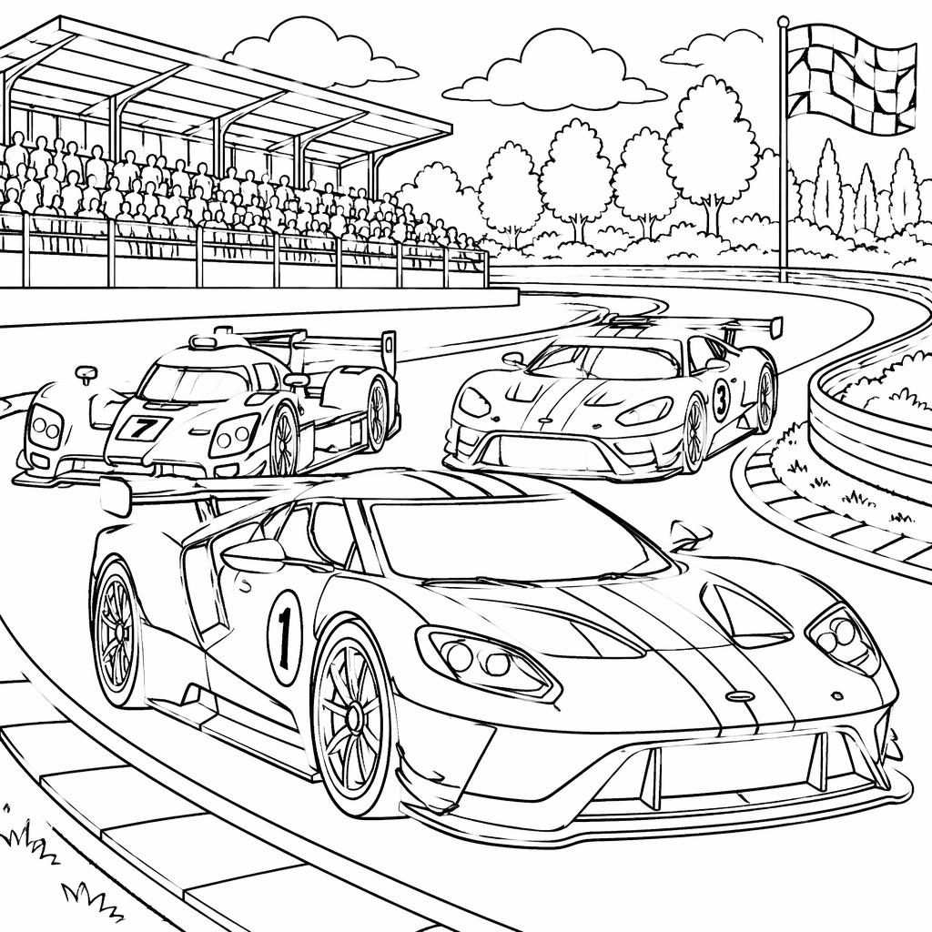 Ilustración en blanco y negro de coches de carreras para niños, con contornos limpios y formas cerradas para colorear.