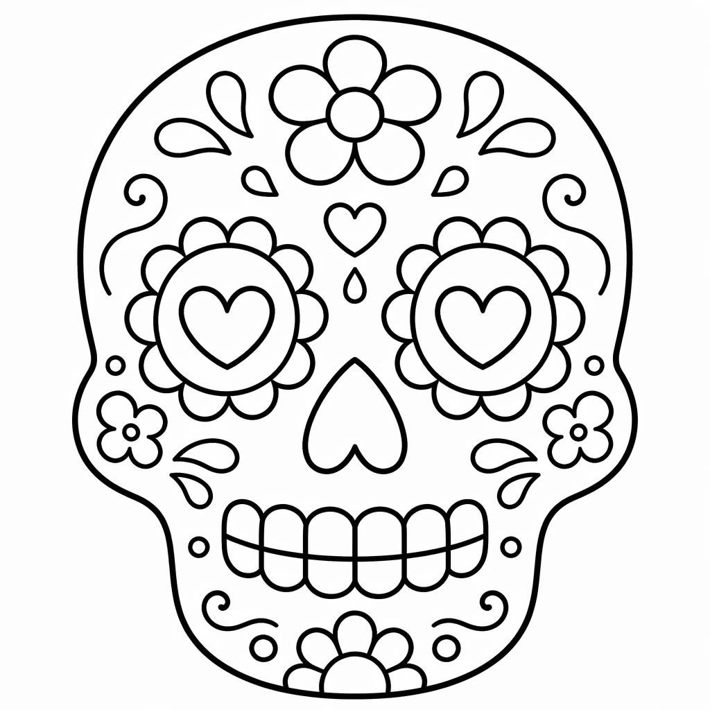 Ilustración en blanco y negro de una calavera de azúcar cute, simple y de contornos gruesos para colorear.