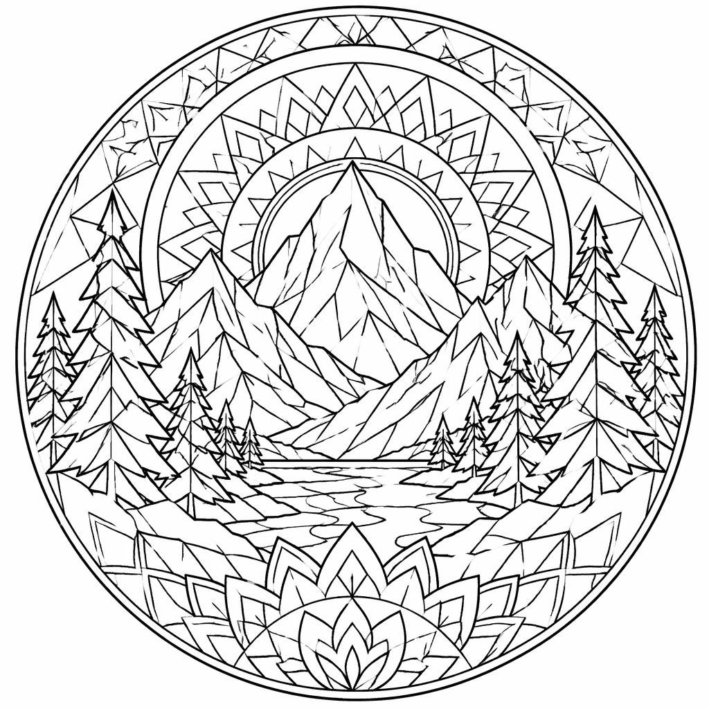 Schwarz-weiße Ausmalbild-Illustration mit Bergen und Tannen im geometrischen Mandala-Stil für Erwachsene.