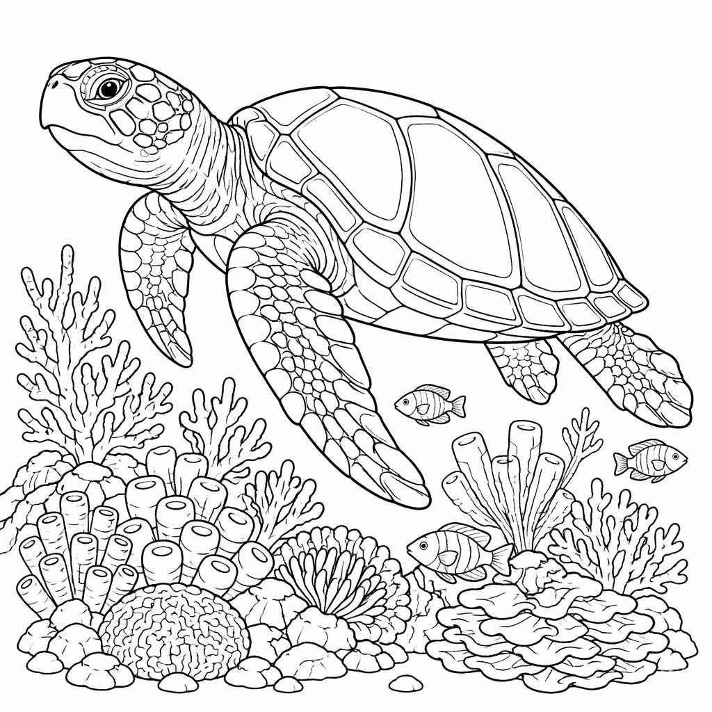 Schwarz-weiße Ausmalbild-Illustration einer erwachsenen Meeresschildkröte an einem Korallenriff, klare Konturen