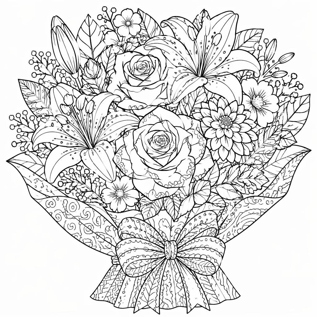 Black-and-white adult coloring page of a detailed flower bouquet in zentangle line art on a white background.