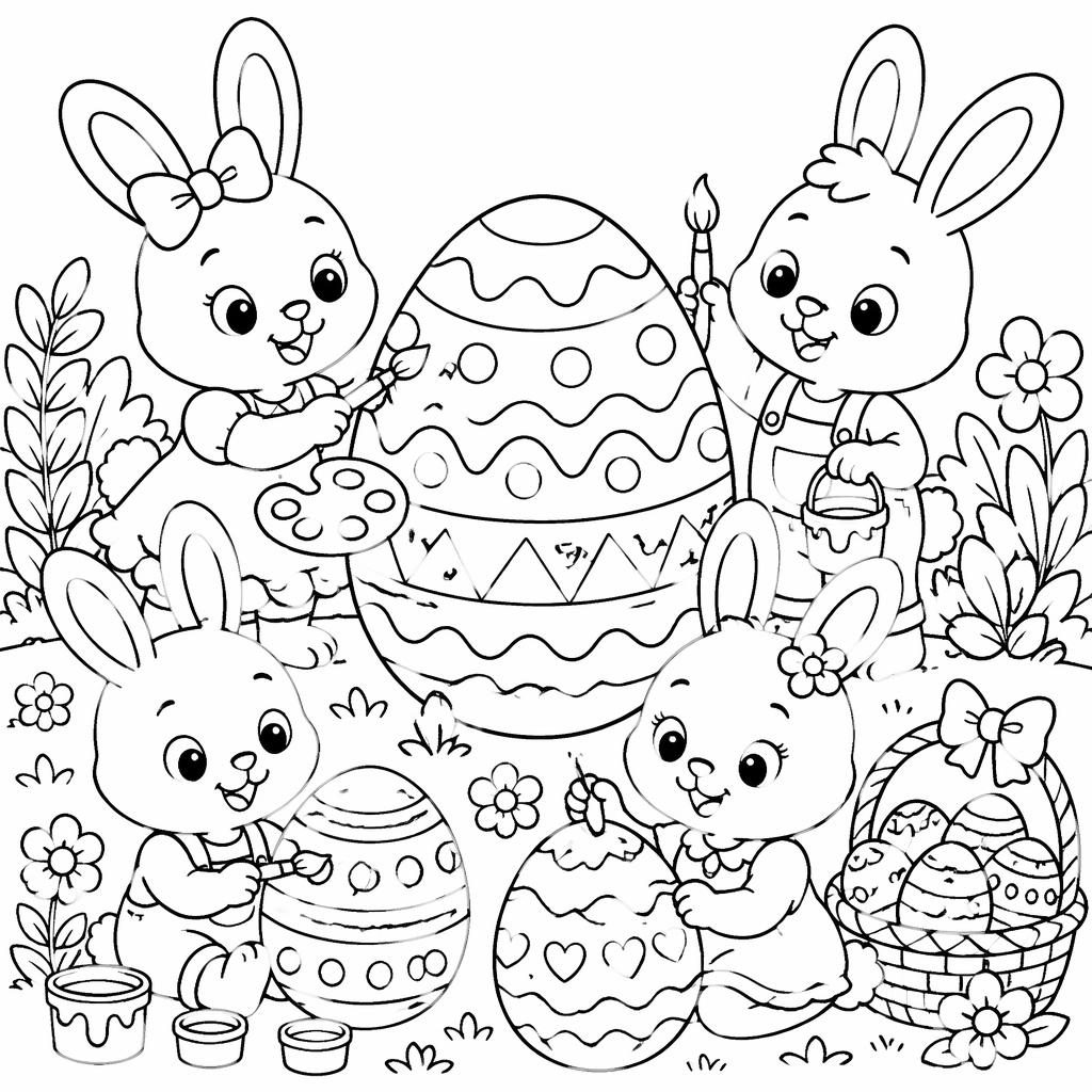 Black-and-white coloring page with bunny kids and decorated Easter eggs in cute cartoon line art.