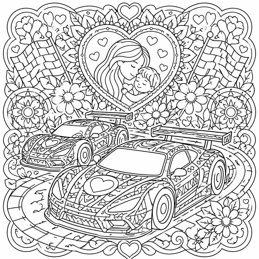 Ilustración en blanco y negro de coches de carreras para niños, con detalles tipo mandala y contornos limpios.