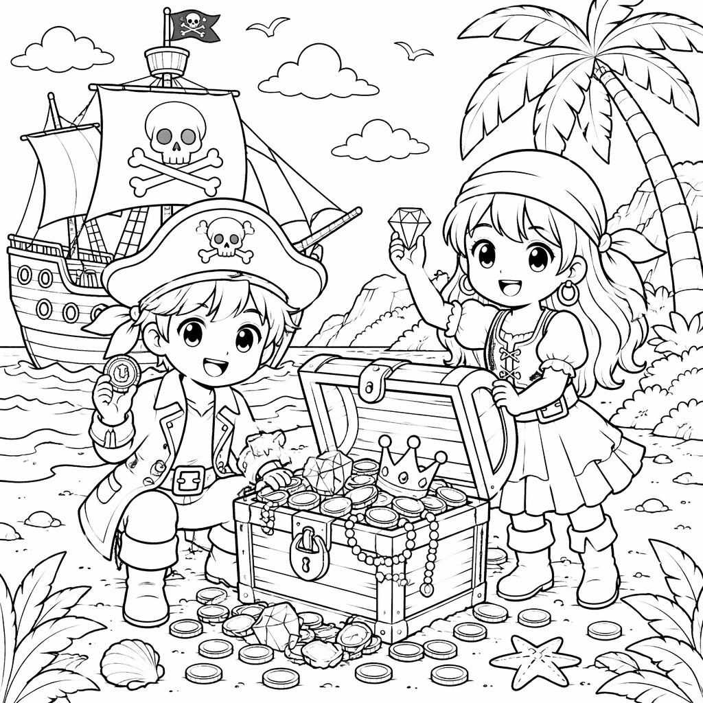 Schwarz-weiße Ausmalbild-Illustration mit Piratenschiff, Schatztruhe und fröhlichen Kindern im Manga-Stil.