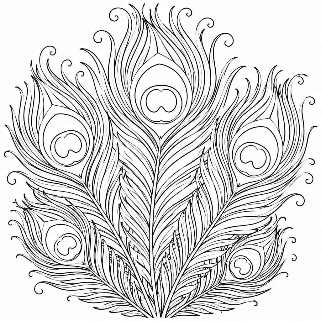 Illustration noir et blanc de plumes de paon en contours simples, style botanique, prête à colorier.