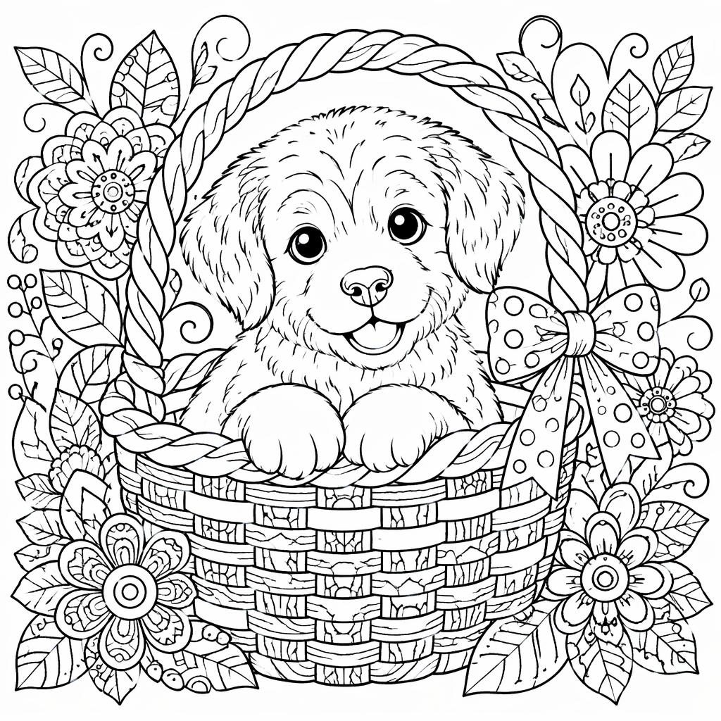 Schwarz-weiße Ausmalseite mit einem Welpen im Korb und Kindern, detailreiche Zentangle-Linien, sauberer Druckstil.