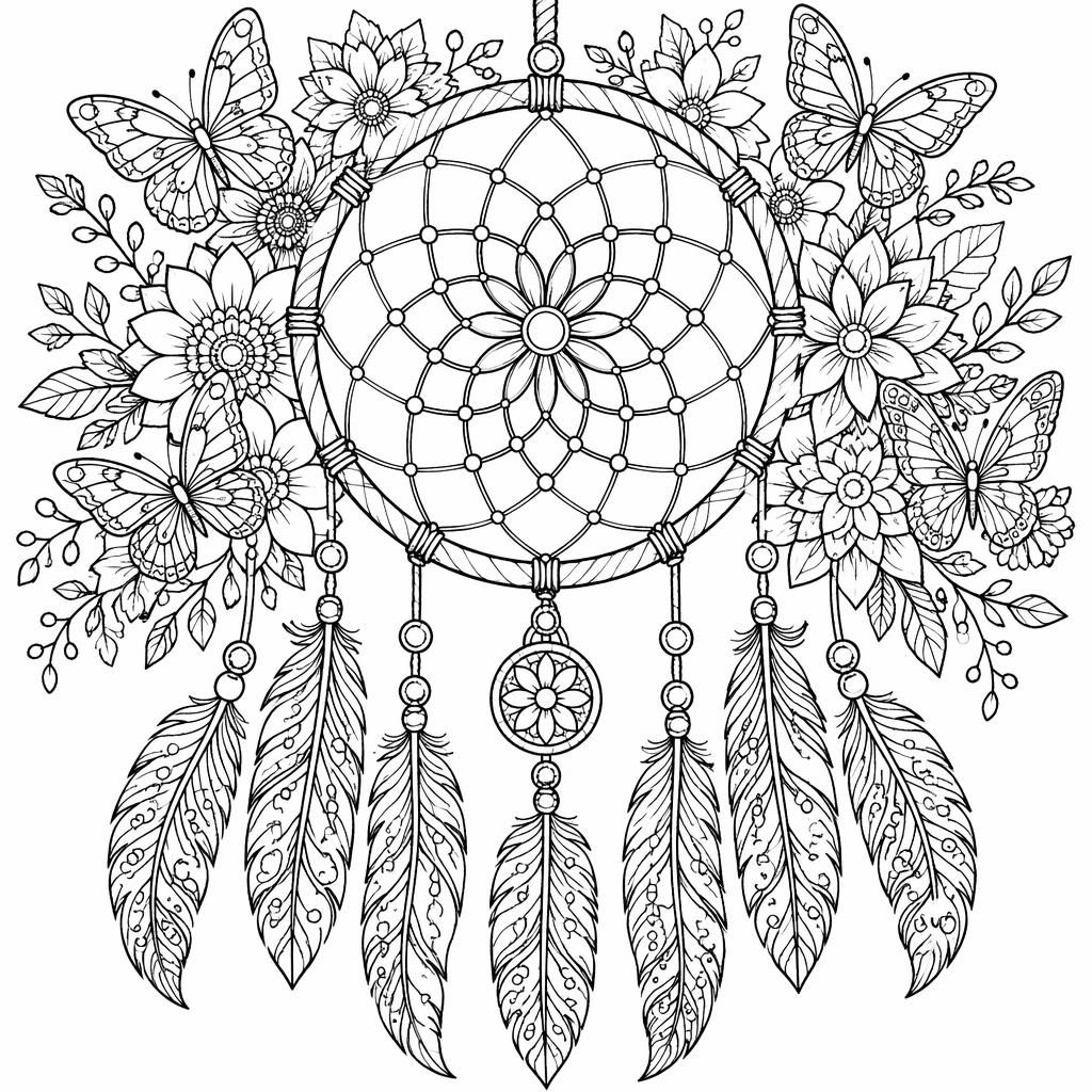 Detailreiche Schwarz-Weiß-Ausmalvorlage mit Schmetterlingen und Blumen in filigranem, mandalaartigem Line-Art-Stil.