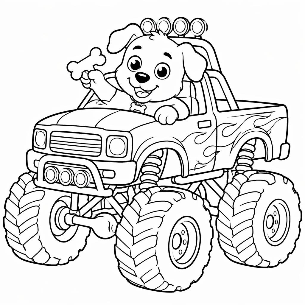 Illustration noir et blanc d’un chien mignon avec un os, style coloriage pour enfants, contours nets sur fond blanc.