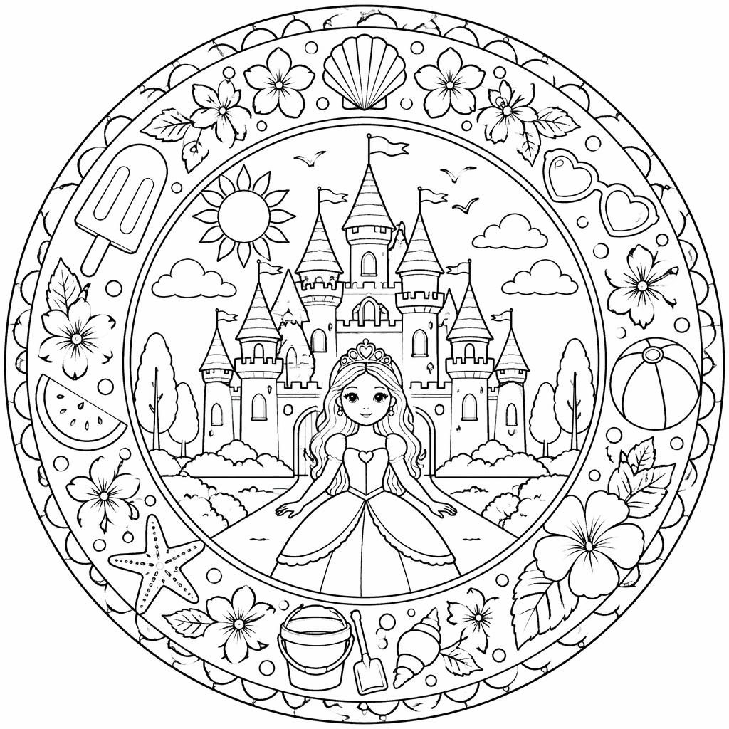 Ilustración en blanco y negro de un castillo de princesa de cuento para niños, con contornos limpios y fondo blanco.