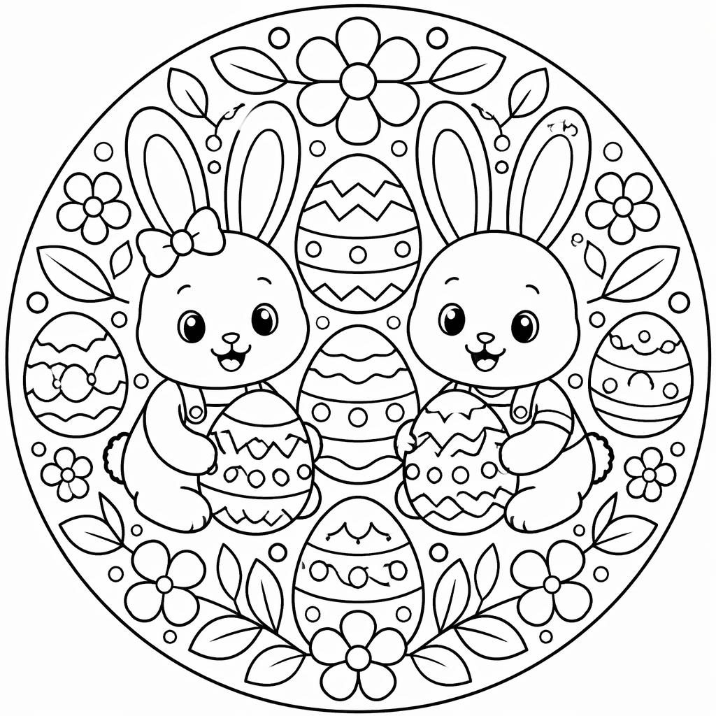 Black-and-white coloring page with bunny kids and Easter eggs in a simple mandala geometric line-art style.