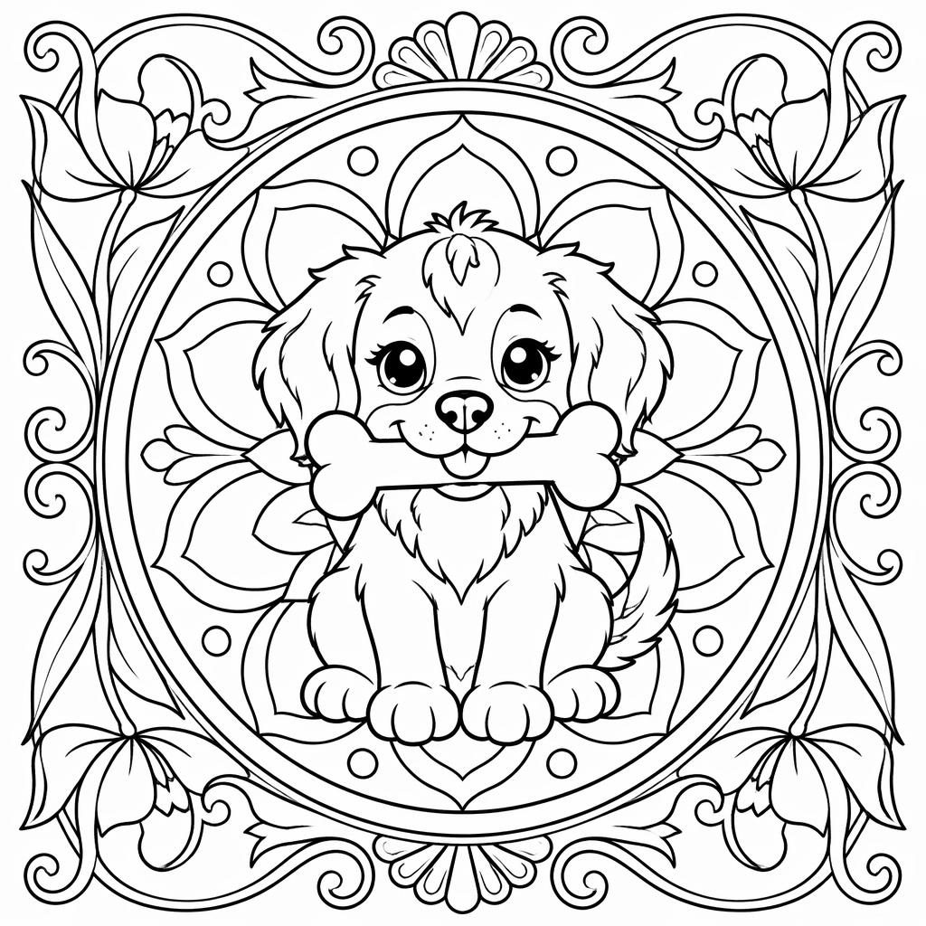Ilustración para colorear en blanco y negro de un perrito tierno con hueso, con detalles estilo mandala art nouveau.