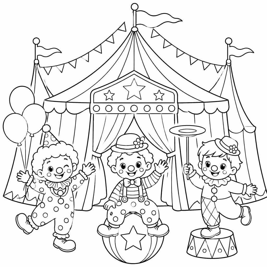 Illustration à colorier en noir et blanc avec chapiteau de cirque, clowns enfants et style cartoon mignon.