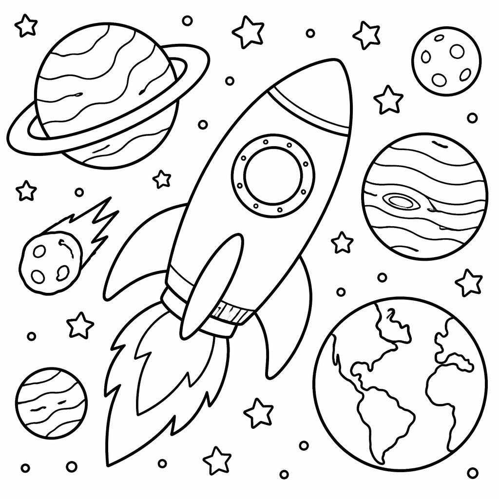 Ilustración infantil en blanco y negro con un cohete espacial y planetas, en contornos limpios para colorear.