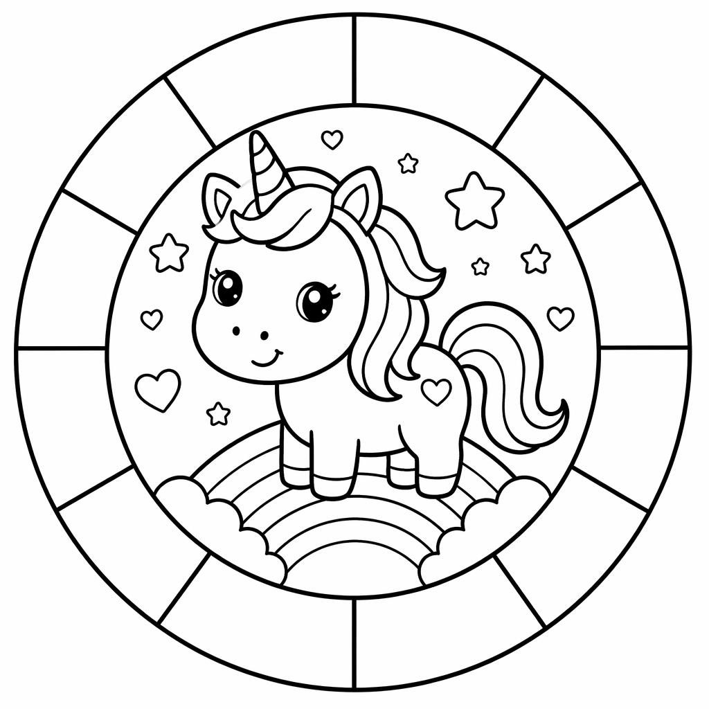 Ilustración para colorear en blanco y negro de un unicornio tierno con arcoíris, líneas gruesas y detalles simples.