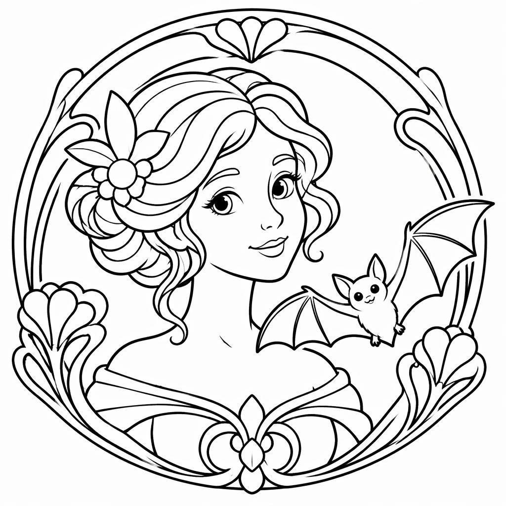 Portrait simple en noir et blanc d’une femme style Art nouveau, en dessin cartoon à colorier sur fond blanc.