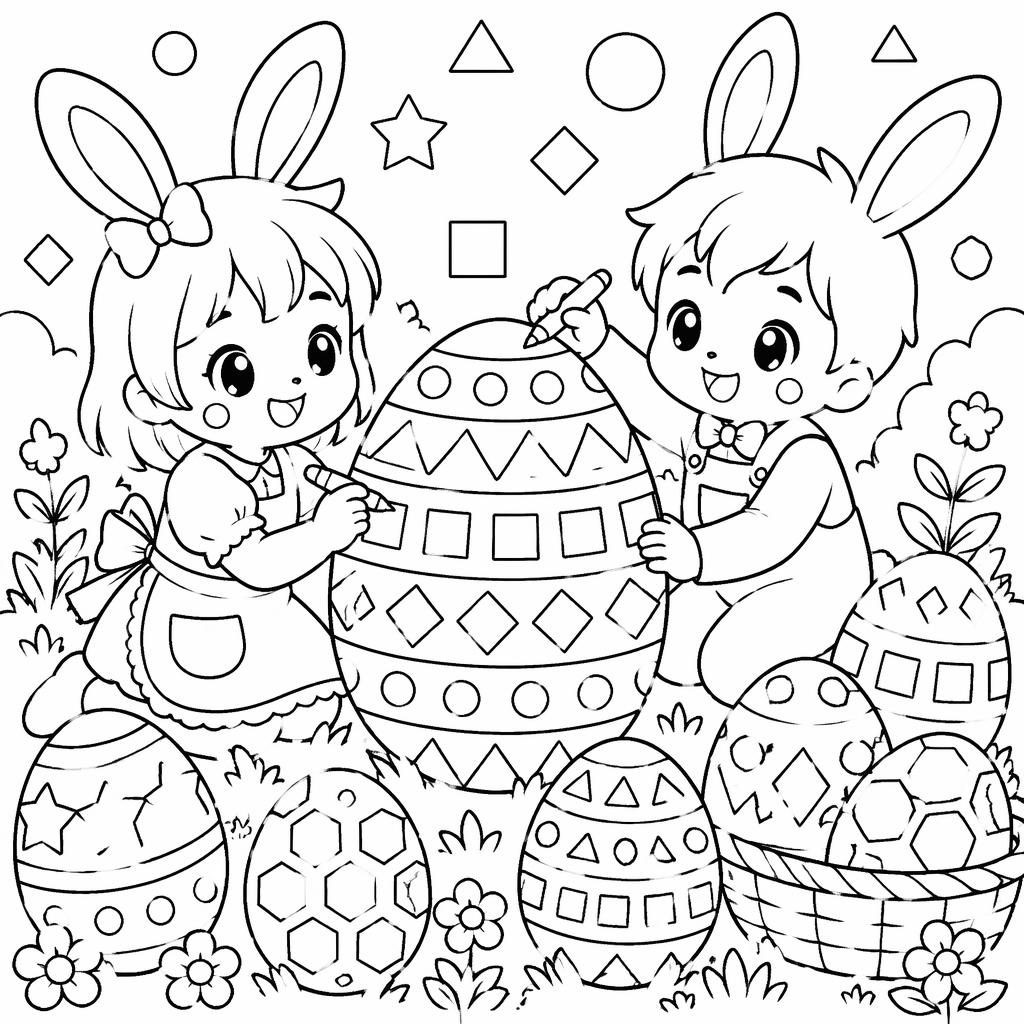 Illustration noir et blanc de petits lapins avec des œufs de Pâques à motifs géométriques, style manga à colorier.