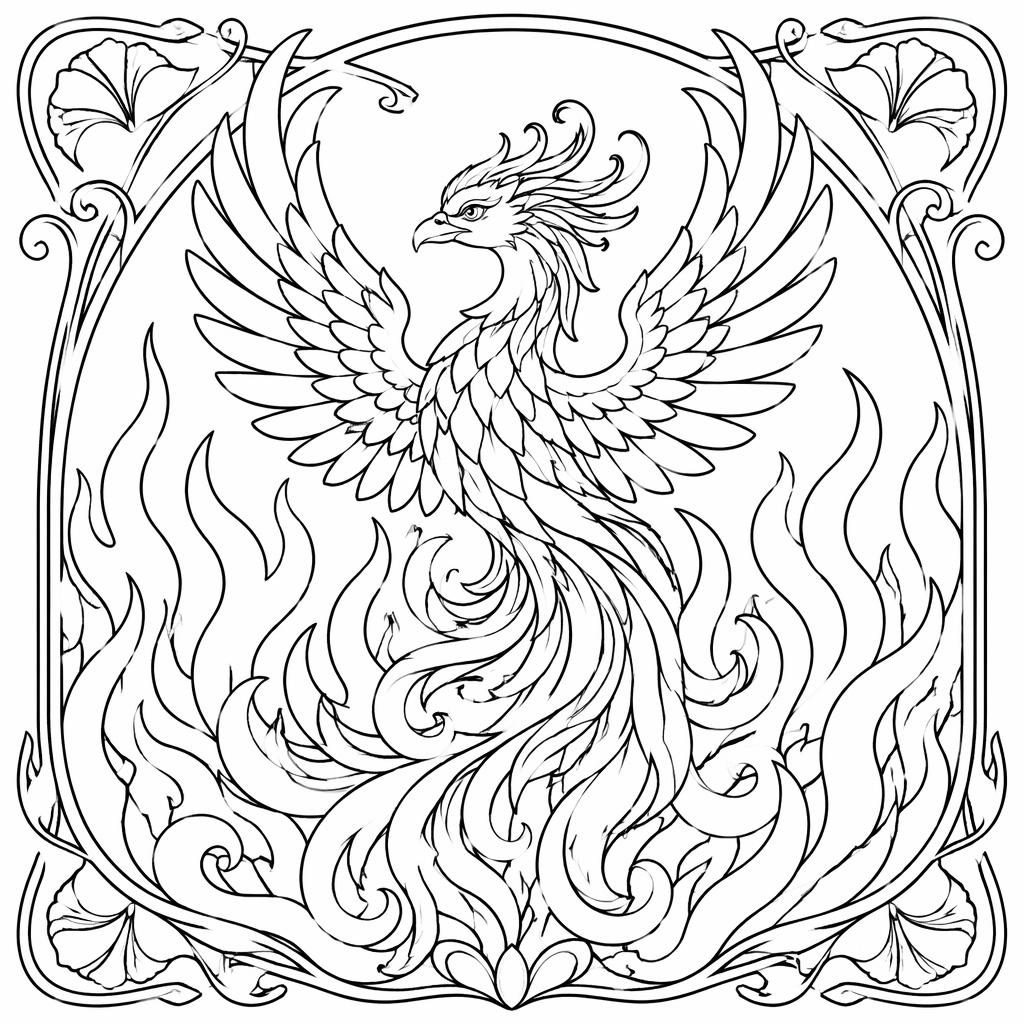Schwarz-weiße Ausmalbild-Illustration mit Phönix in Flammen, klaren Konturen und ornamentalem Jugendstil.