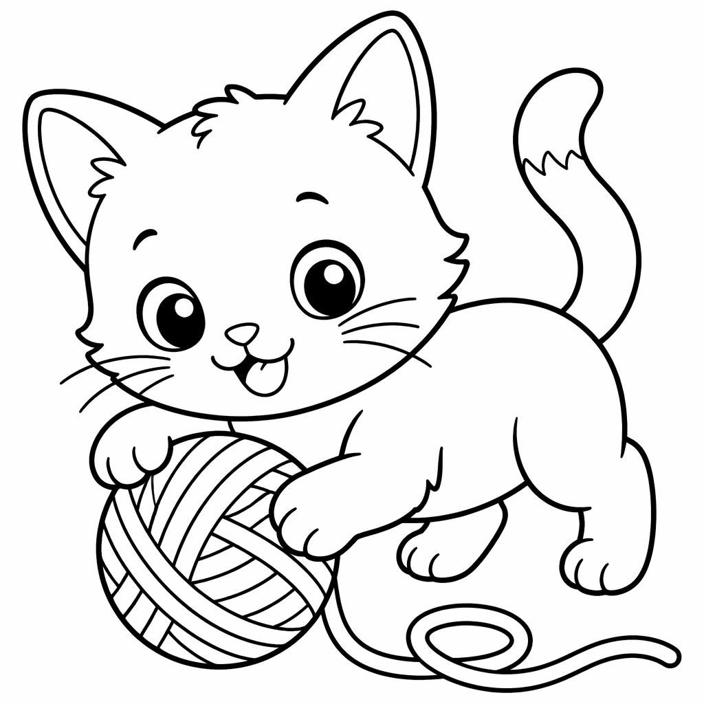 Schwarz-weiße Ausmalbild-Illustration eines niedlichen Kätzchens mit Wollknäueln, einfache klare Konturen.
