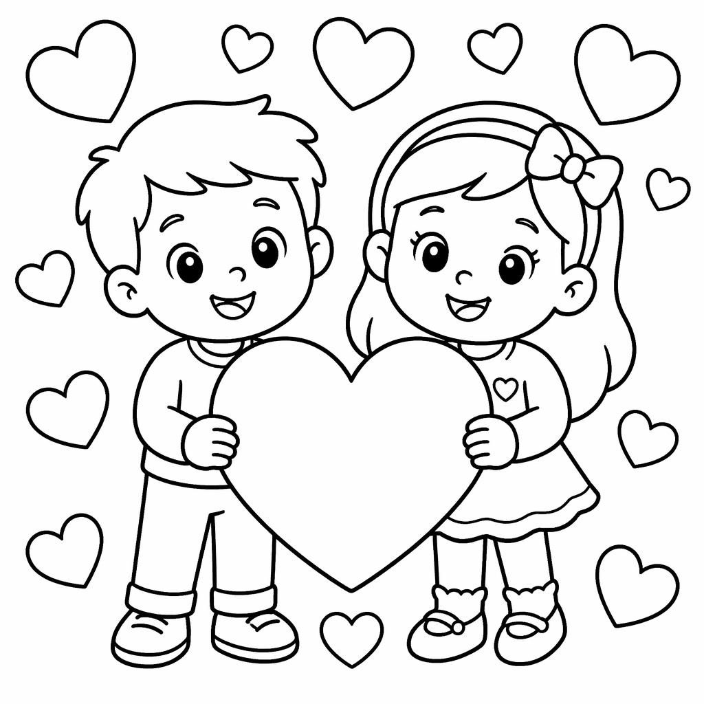 Black-and-white coloring page with cute cartoon valentine hearts for kids in simple line art on a white background.