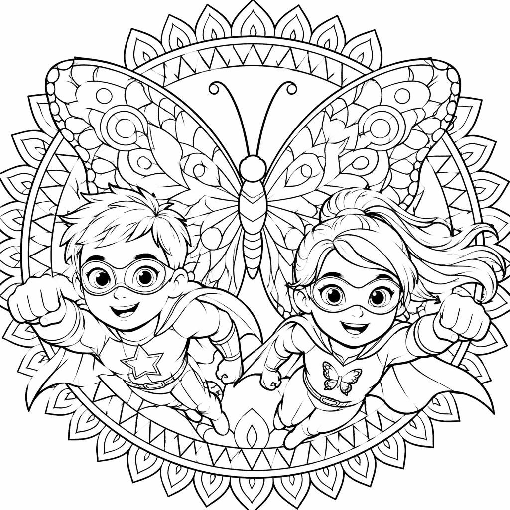 Black-and-white coloring page of superhero cartoon kids in a detailed mandala geometric line-art style.