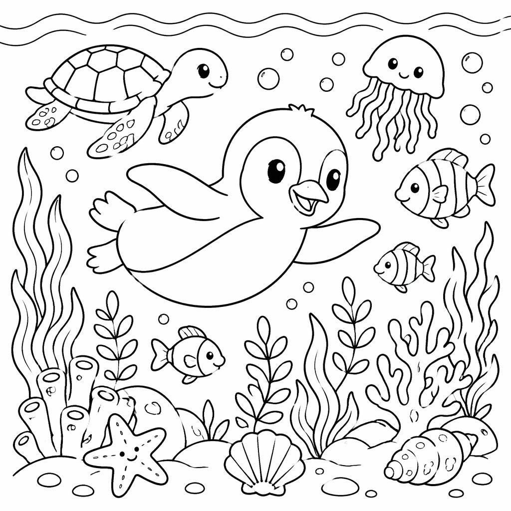 Schwarz-weiße Ausmalbild-Illustration mit Pinguin in kindlicher Unterwasser-Ozeanszene, Pflanzen und klaren Konturen