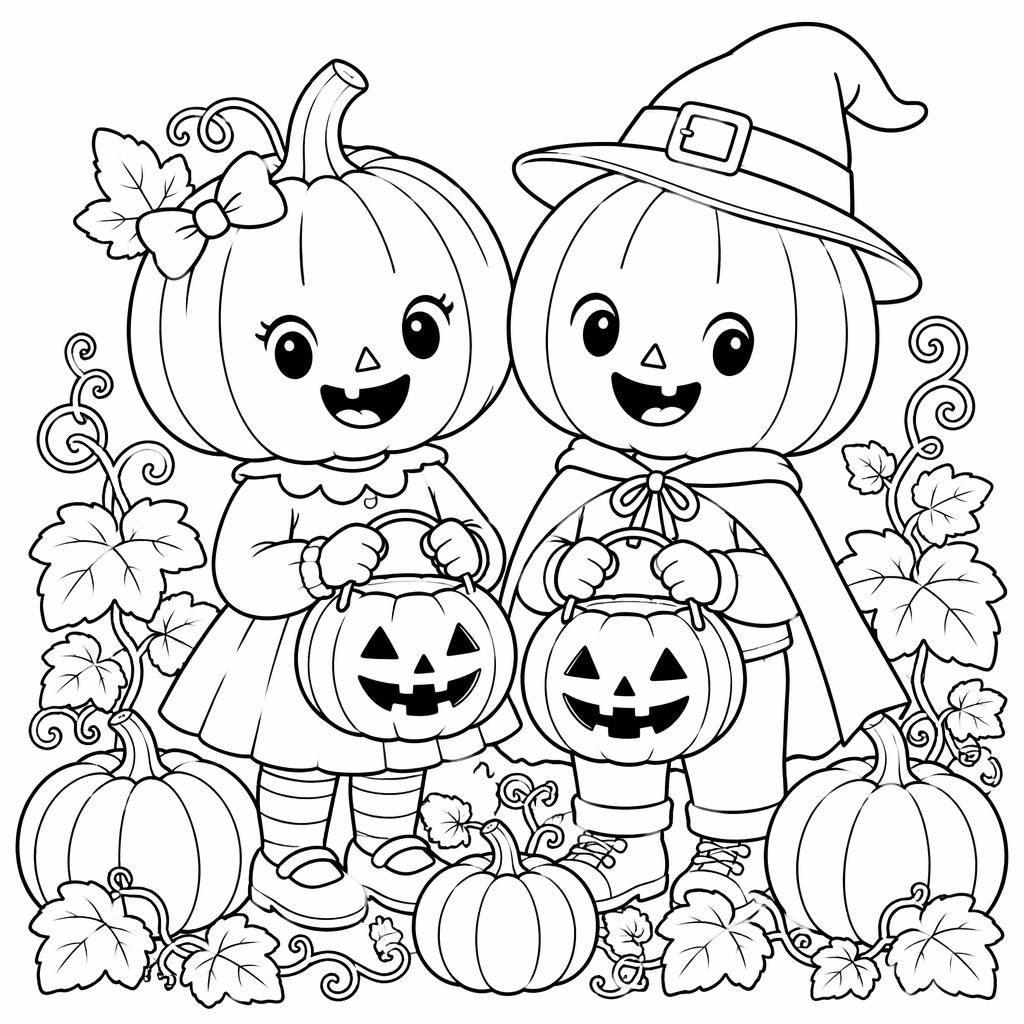 Illustration à colorier en noir et blanc avec enfants et citrouille d’Halloween, style botanique, contours nets.