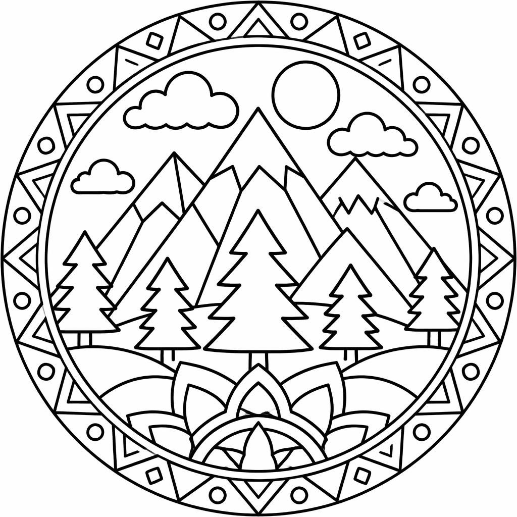 Schwarz-weißes Ausmalbild mit Bergen und Tannenbäumen in einfachem Mandala-Stil, mit dicken Linien für Kinder
