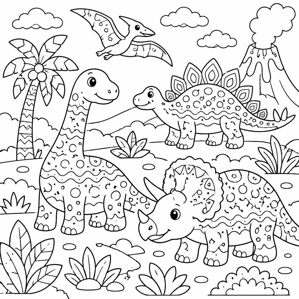 Ilustración infantil en blanco y negro con escenas de dinosaurios, contornos simples y formas cerradas para colorear.