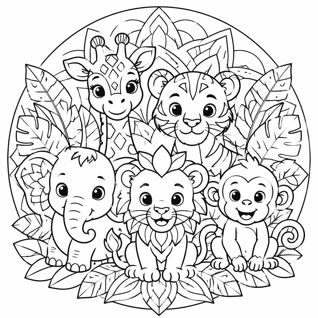 Ilustración para colorear en blanco y negro con animales de la jungla para niños, estilo mandala geométrico.
