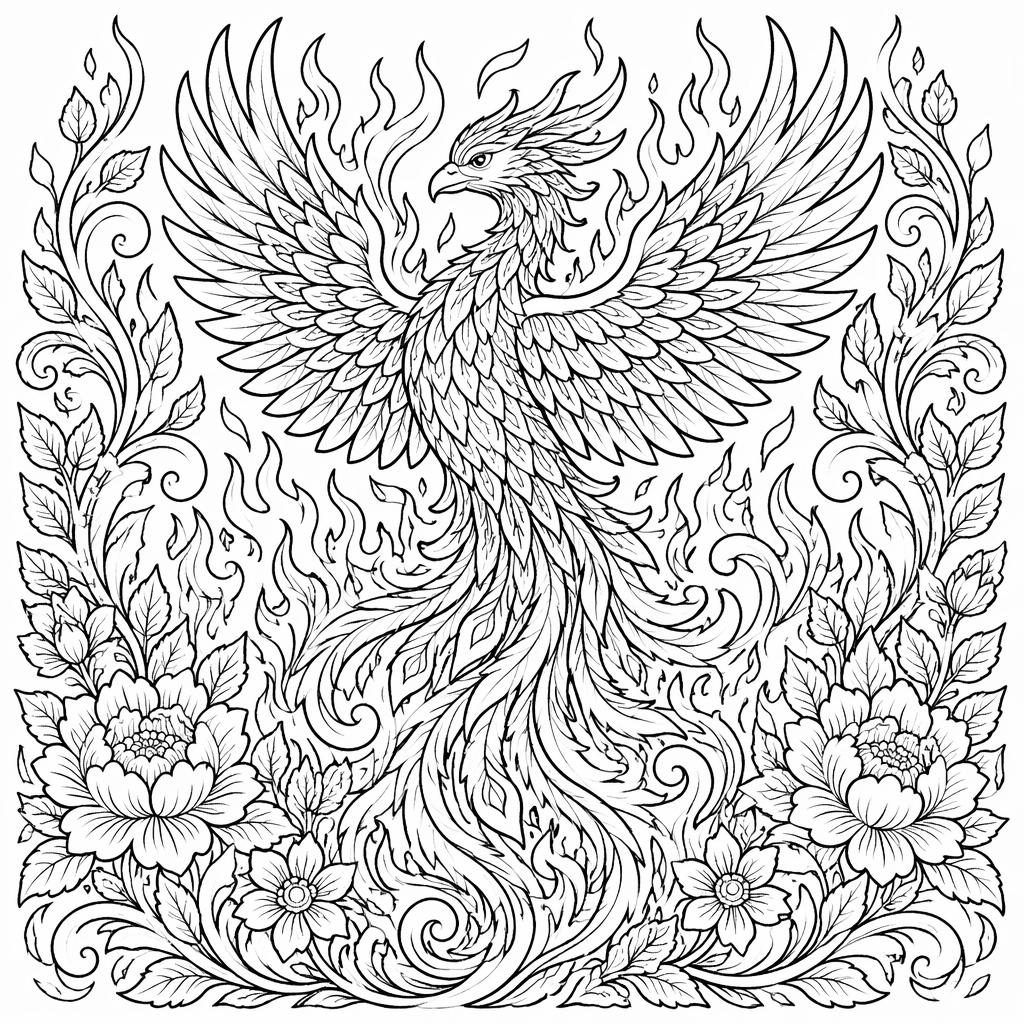 Ilustración para colorear en blanco y negro de un fénix adulto entre llamas, con detalles botánicos y estilo mandala.