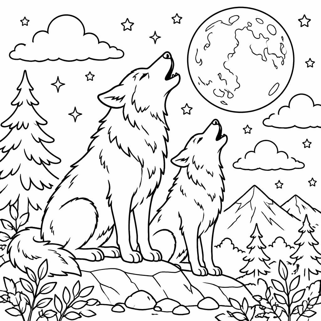 Illustration noir et blanc de loups adultes hurlant à la lune, en contours épais, style botanique à colorier.