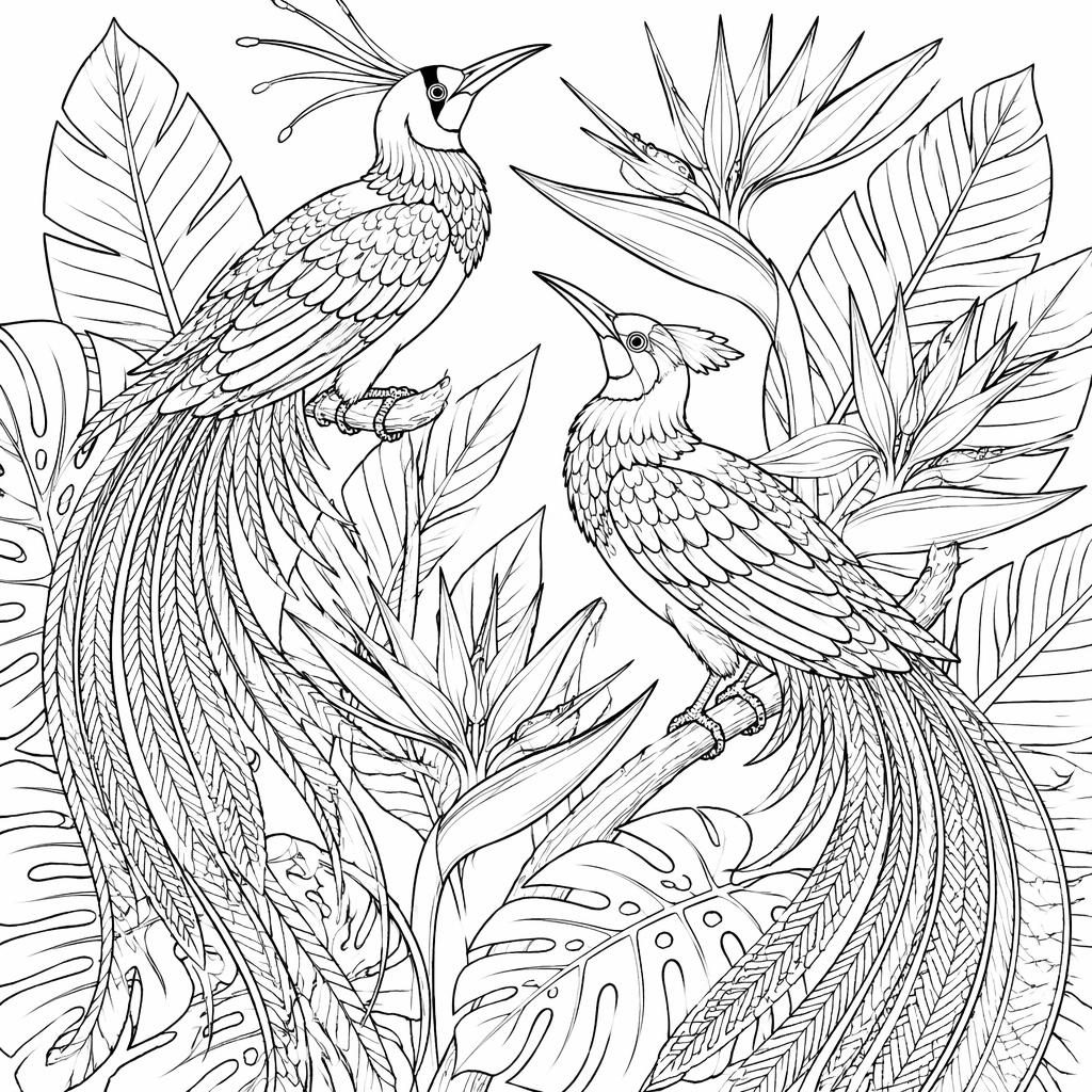 Illustration noir et blanc à colorier avec oiseaux de paradis détaillés, contours fins, fond blanc, style réaliste