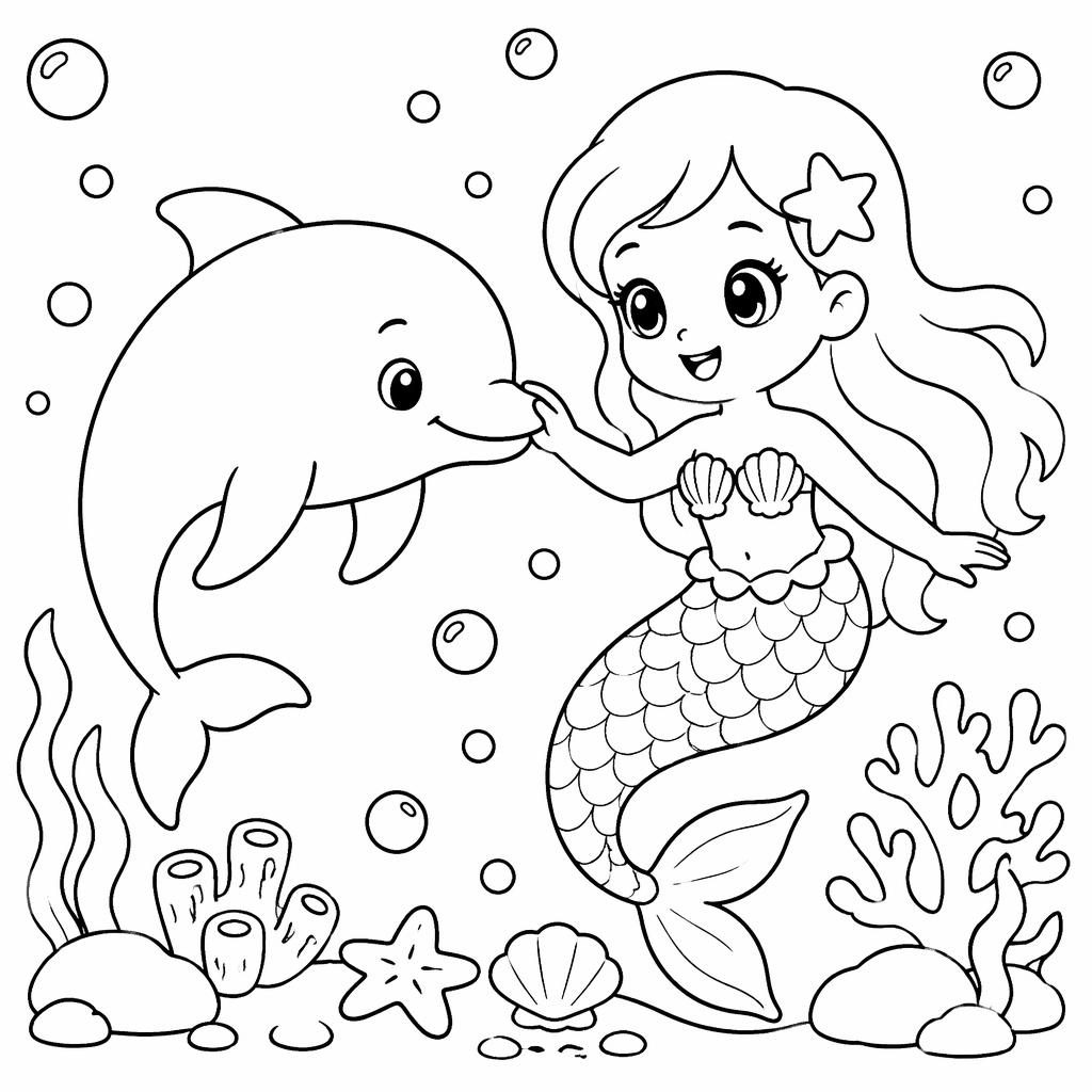 Illustration à colorier en noir et blanc d’une sirène enfant sous la mer avec un dauphin, style manga simple.