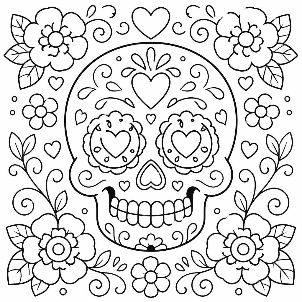 Černobílá omalovánka s roztomilou cukrovou lebkou ve stylu Día de los Muertos, čisté obrysy na bílém pozadí.