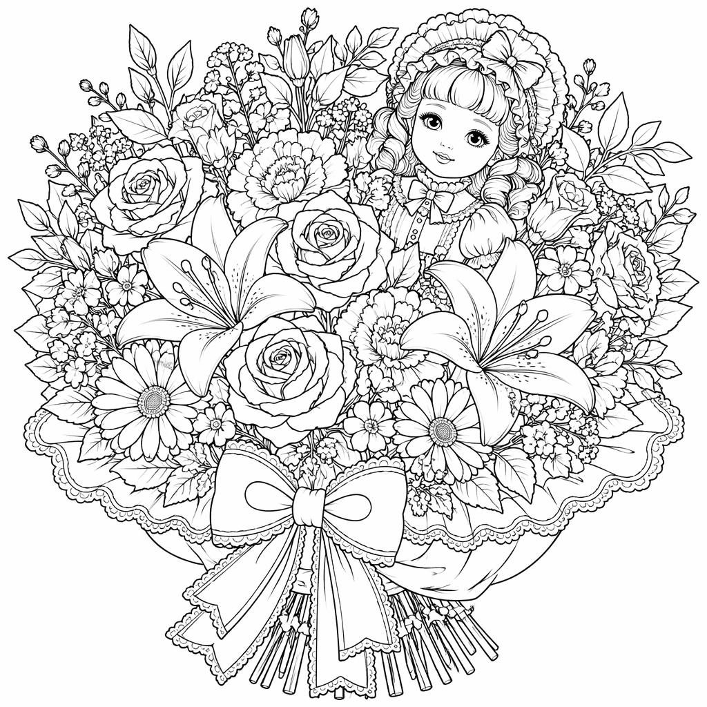 Black-and-white line art of a detailed flower bouquet in an intricate adult coloring page style on a white background.