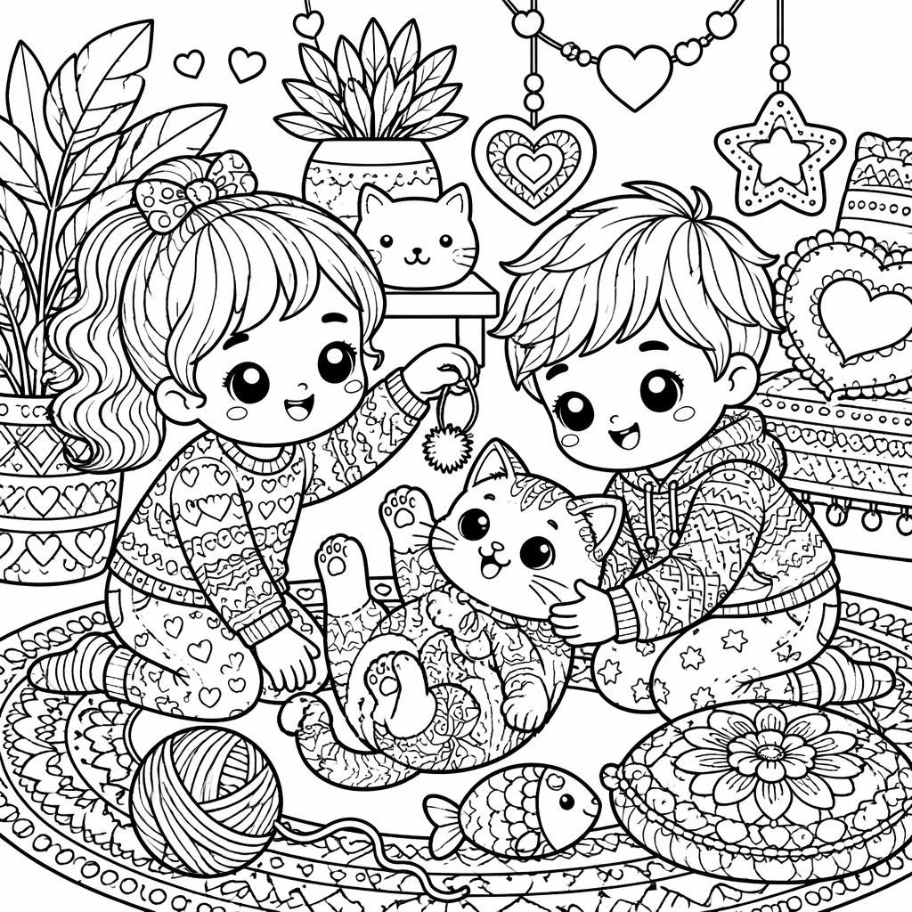 Ilustración para colorear en blanco y negro de un gato con niños juguetones, estilo zentangle y detalles intrincados.