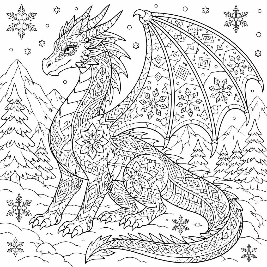 Ilustración para colorear en blanco y negro de un dragón adulto de fantasía con detalles mandala y nieve.