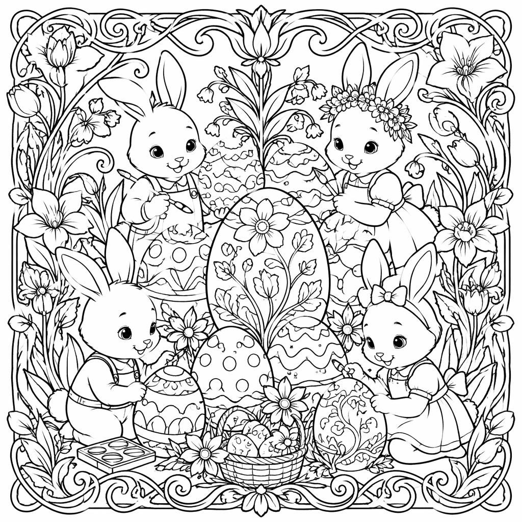 Black-and-white coloring page of bunny kids with Easter eggs in an art nouveau line-art style for children.