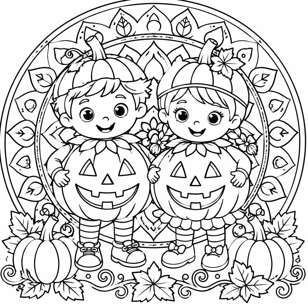 Black-and-white coloring page of kids with Halloween pumpkins in a mandala geometric line-art style.
