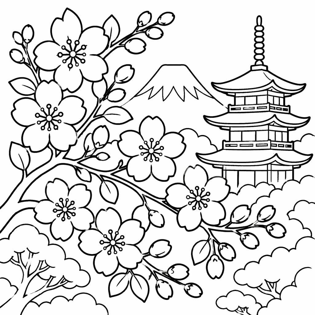 Black-and-white coloring page of a cute simple Japanese cherry blossom branch with clean bold outlines.