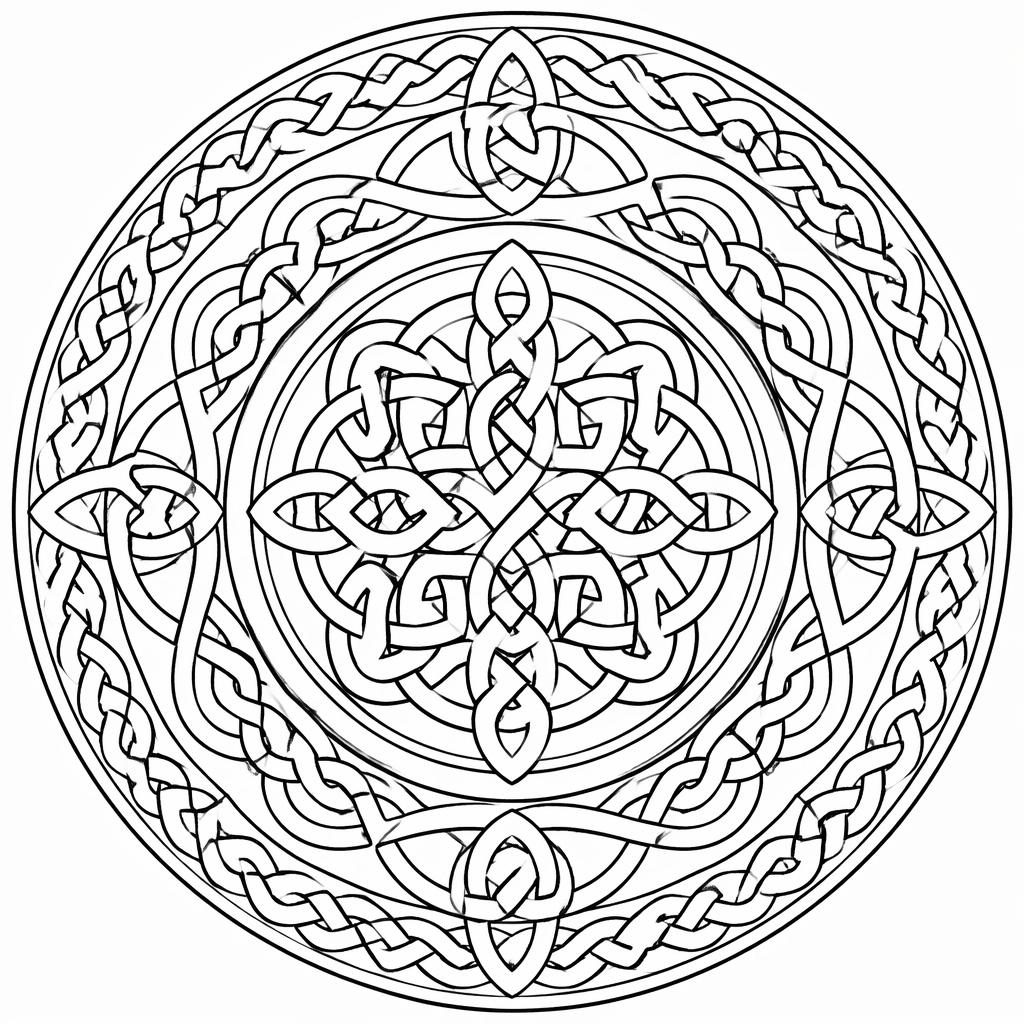 Black-and-white coloring page with intricate Celtic knots in a mandala geometric design, clean bold outlines on white.